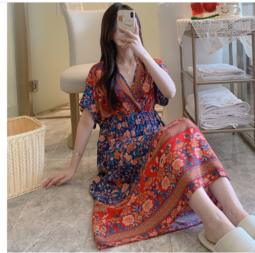 Summer Vacation Beach Maxi Dress with V-Neck Tie