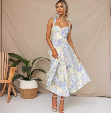 Toperth Floral Print Midi Dress with Tied Shoulders